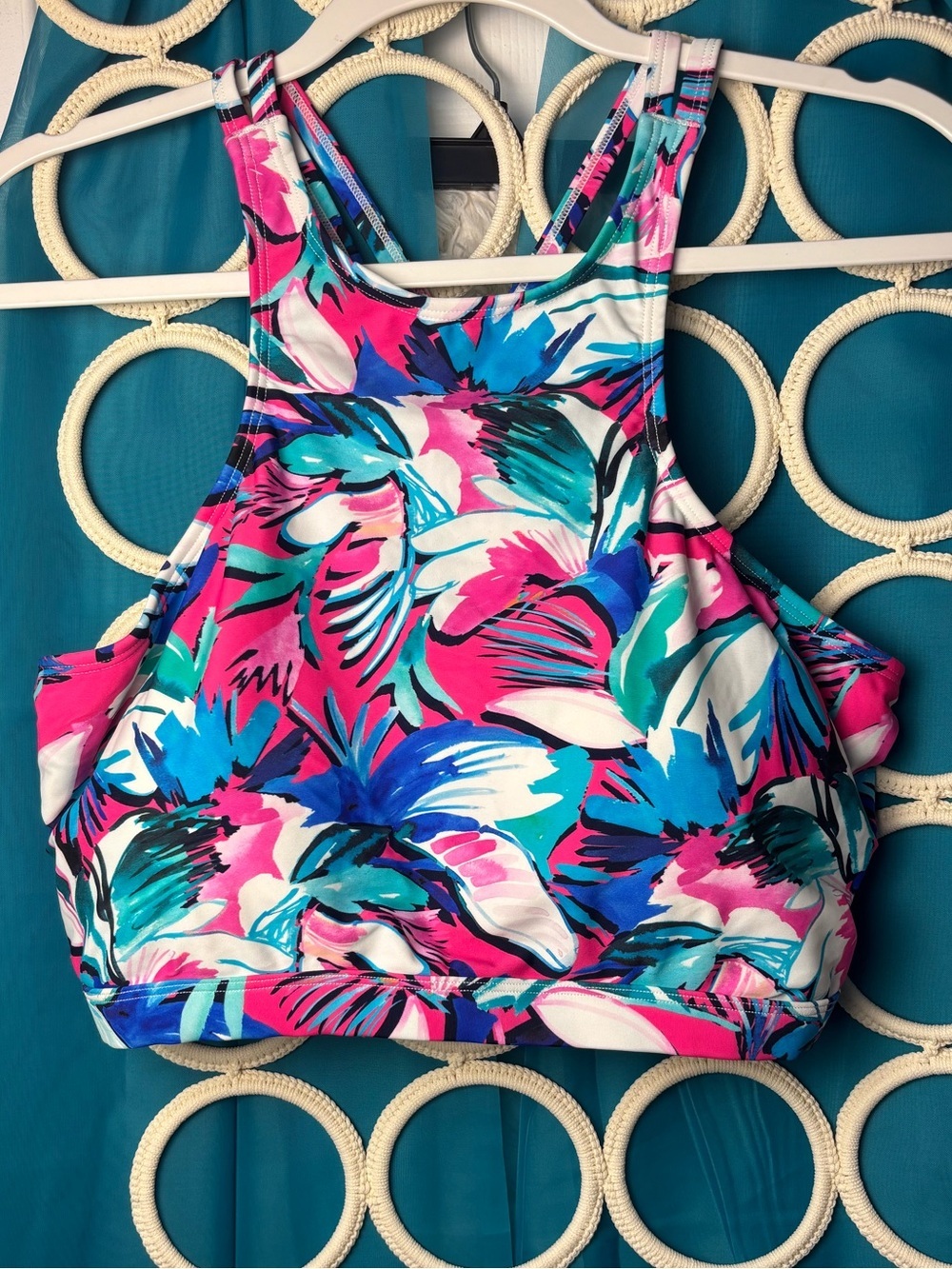 Tropical Floral High Neck Swim Top - Pink Blue Teal